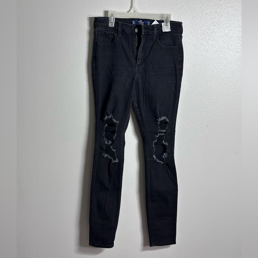 Hollister Women Black Denim Jeans High Rise Super Skinny Ripped size 5R.